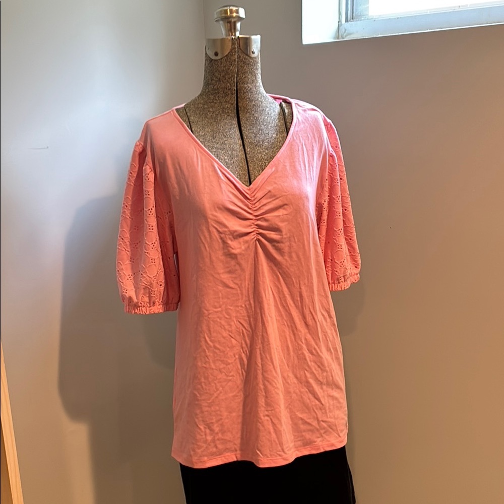 LOFT Pink Puff Sleeve Ruched Blouse